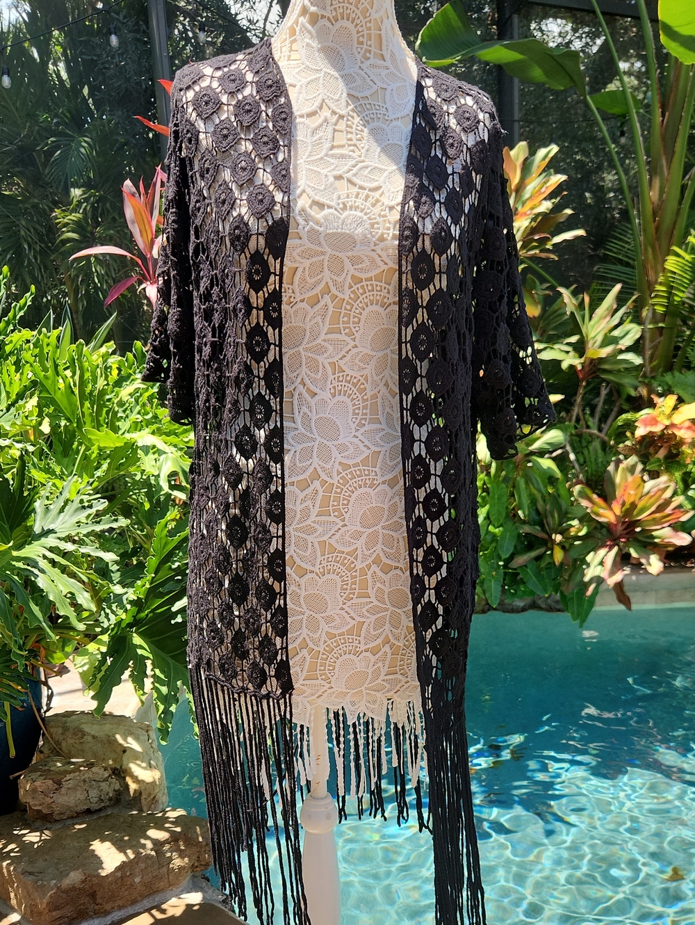 Black Crochet Fringe Swim Cover-Up Or Duster Sweater